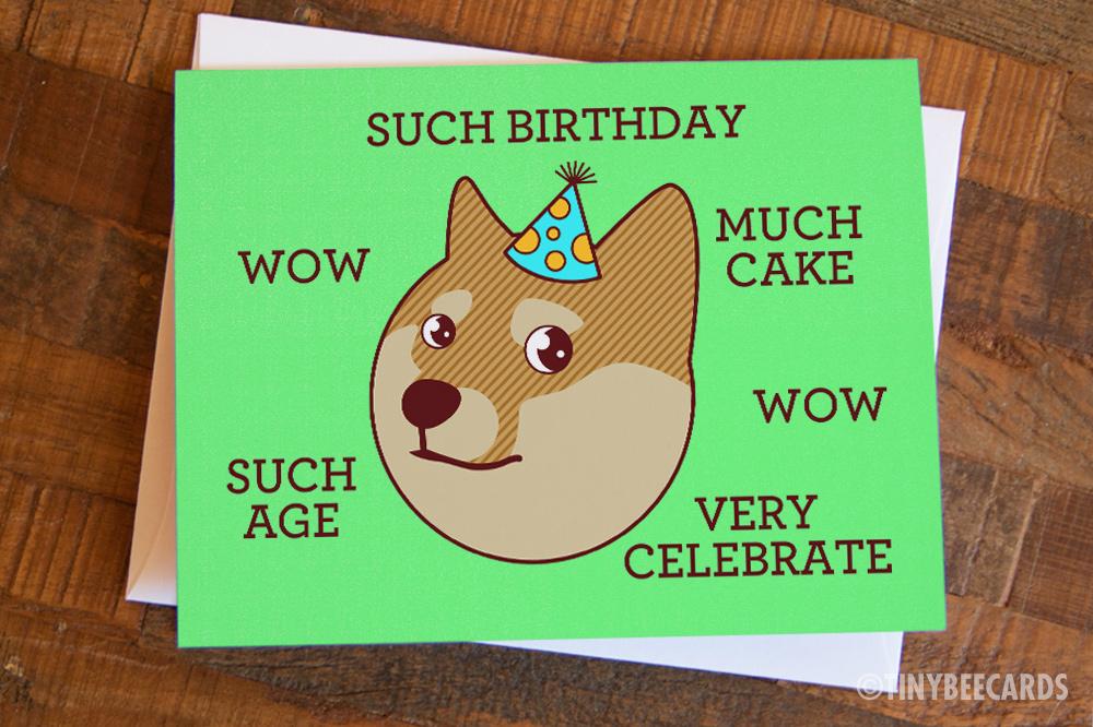 Funny Doge Meme Birthday Card featuring a shiba inu in a birthday hat with celebratory text.