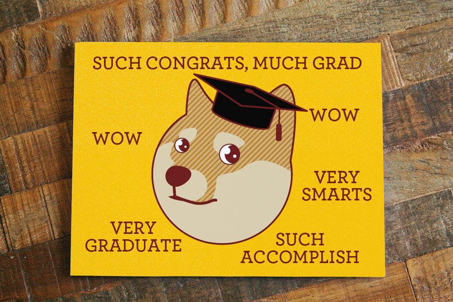 Funny Doge Meme Graduation Card featuring the text 'Such Congrats, Much Grad!' with a humorous doge illustration.