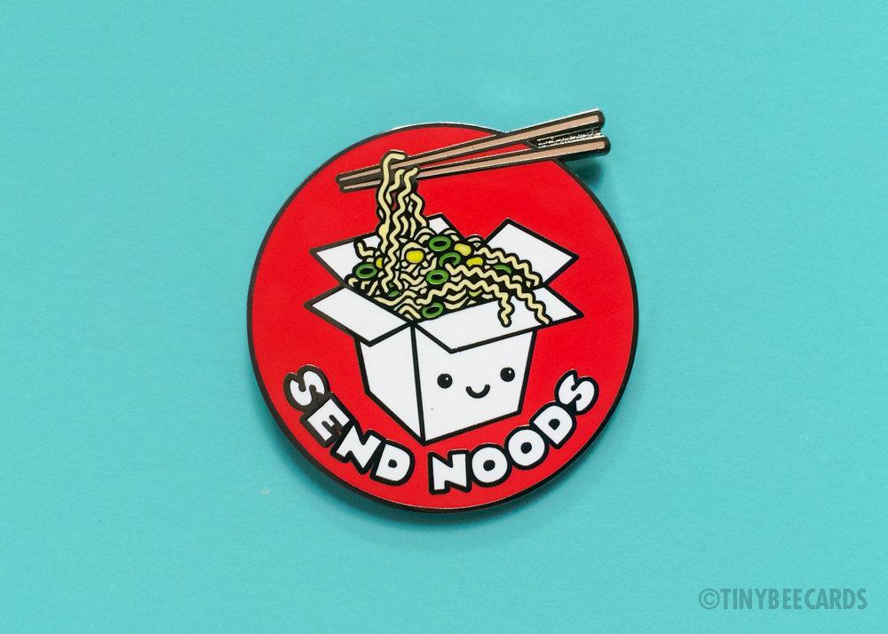 Funny Ramen Hard Enamel Pin featuring kawaii ramen noodles and the text 'Send Noods' on a black nickel background.