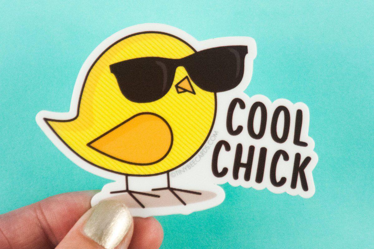 Funny vinyl sticker featuring a cool chick wearing sunglasses with the text 'Cool Chick'. Perfect for personalizing items.