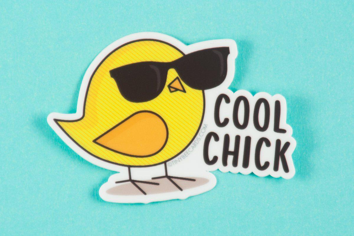 Funny vinyl sticker featuring a cool chick wearing sunglasses with the text 'Cool Chick'. Perfect for personalizing items.