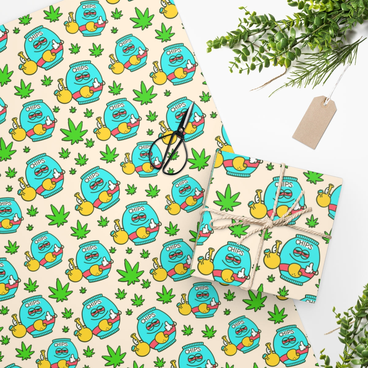 Colorful wrapping paper featuring marijuana leaf designs, perfect for gifts and parties.