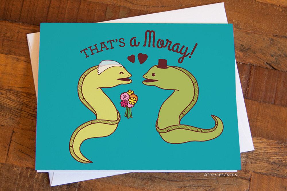 Funny wedding card featuring moray eels in a whimsical wedding scene.