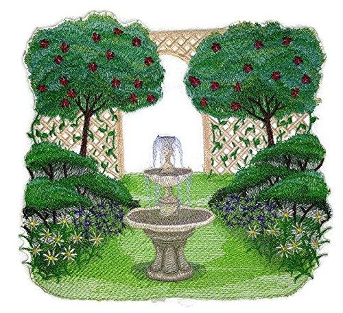 Garden Fountain Scene embroidered patch showcasing intricate design and vibrant colors, perfect for iron-on or sewing applications.