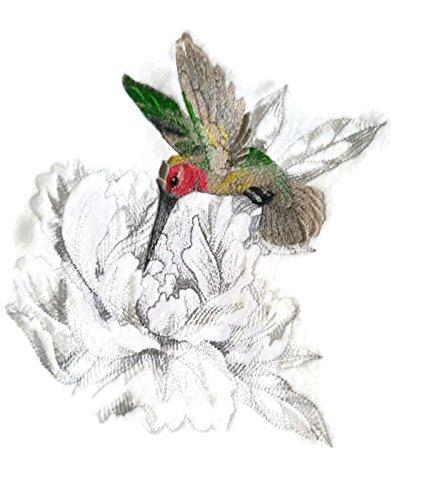 Garden Peony and Hummingbird embroidery patch, showcasing vibrant colors and intricate details, perfect for iron-on or sew-on applications.