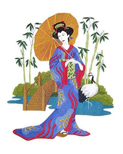 Geisha in Garden embroidered patch, featuring intricate designs and vibrant colors, perfect for iron-on or sew-on applications.