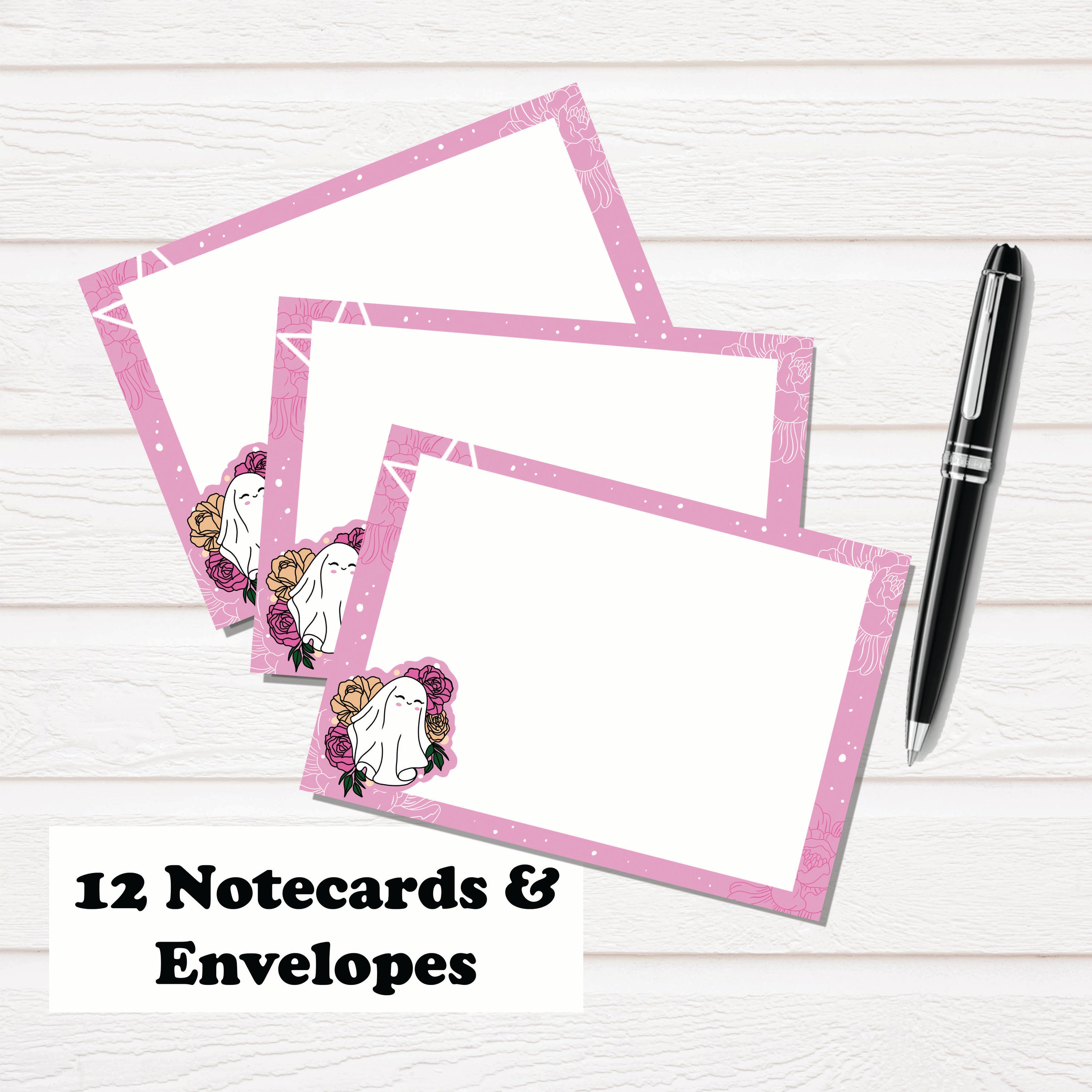 Ghost Girl Notecard Stationary Set featuring 12 hand-drawn notecards and matching white linen envelopes in a clear box.