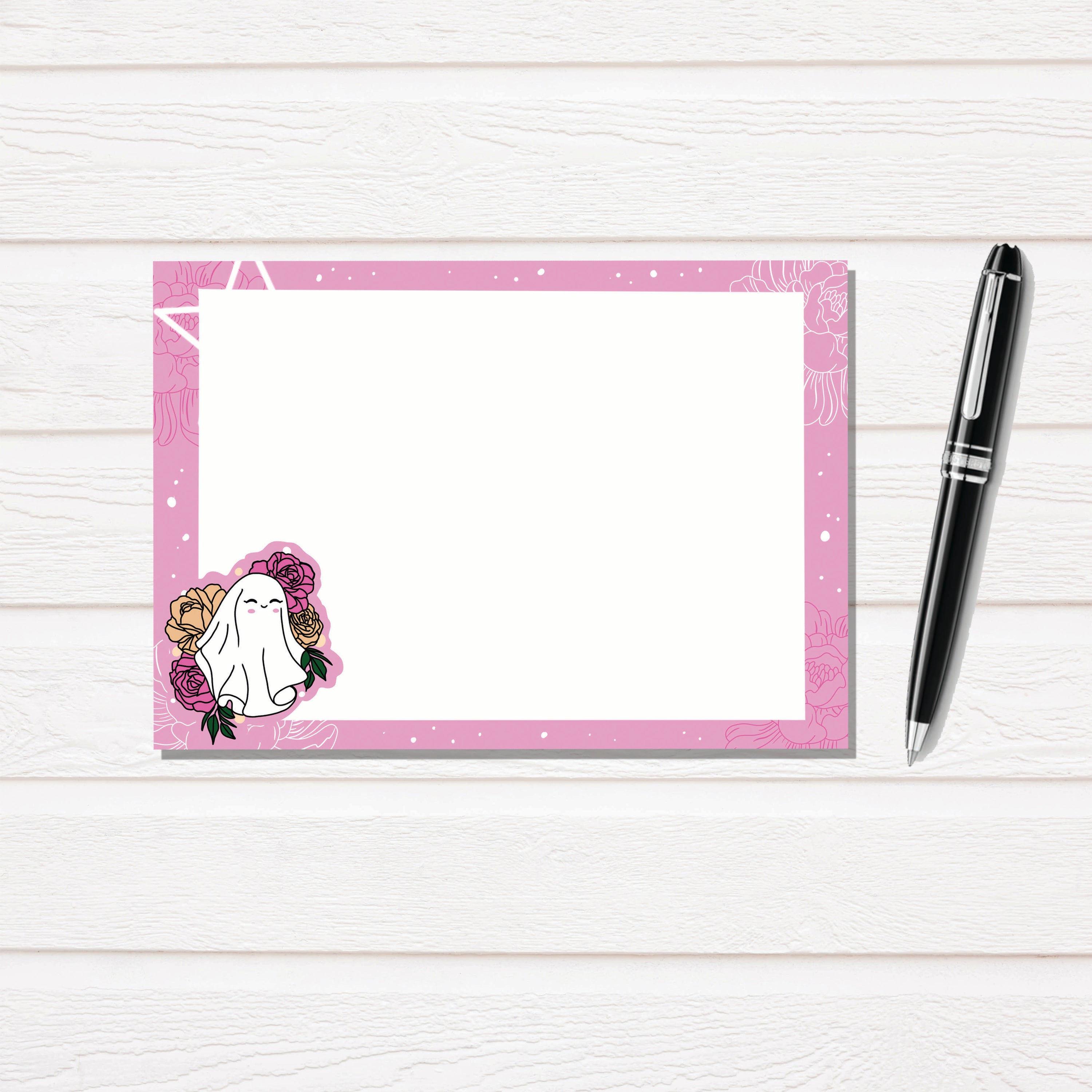 Ghost Girl Notecard Stationary Set featuring 12 hand-drawn notecards and matching white linen envelopes in a clear box.