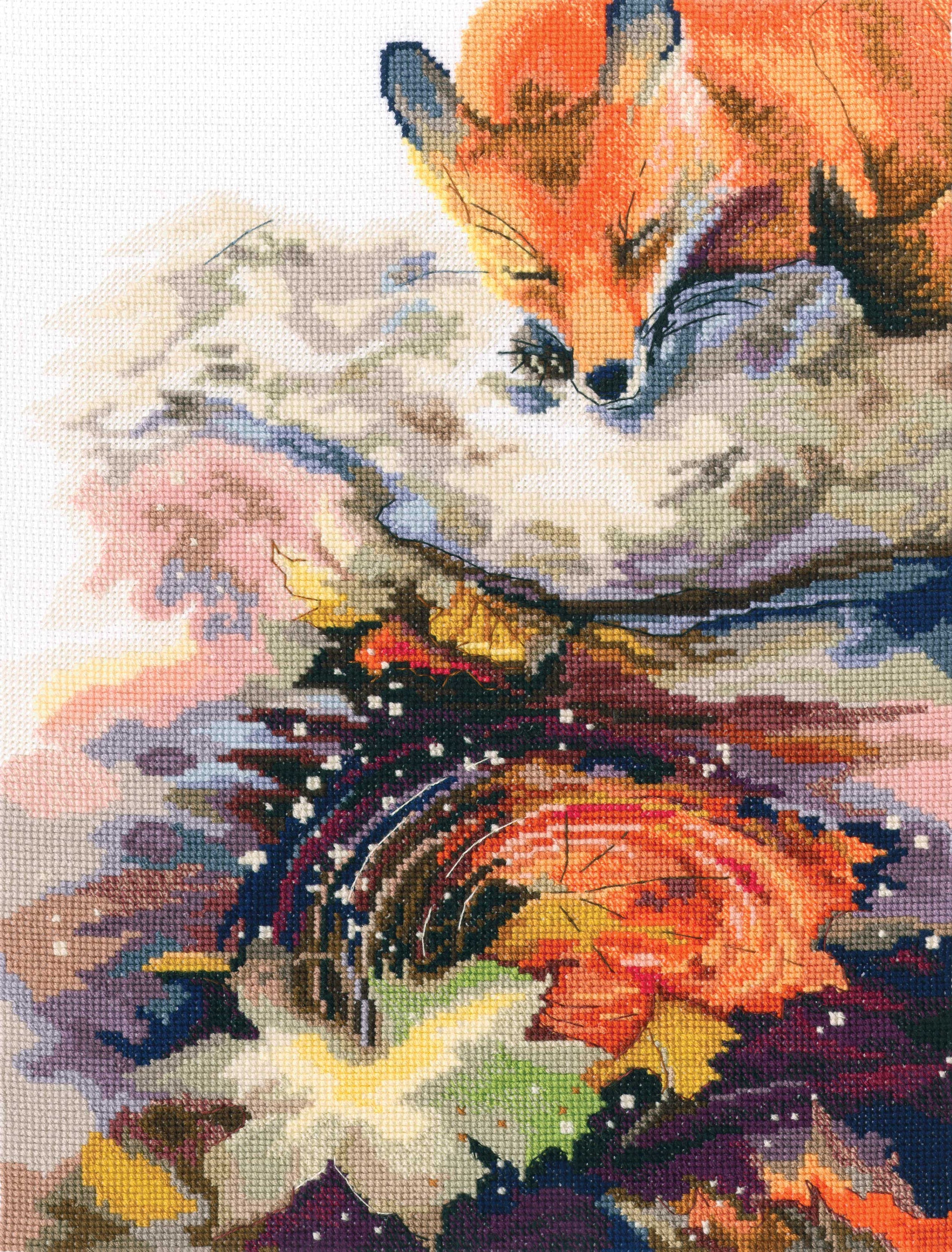 Ginger Reflection M829 Counted Cross Stitch Kit featuring Aida fabric, DMC threads, and all necessary tools for stitching.