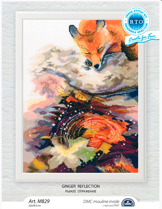 Ginger Reflection M829 Counted Cross Stitch Kit featuring Aida fabric, DMC threads, and all necessary tools for stitching.