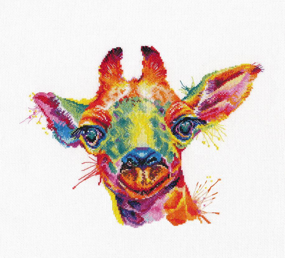 Giraffe 1434 Counted Cross Stitch Kit with colorful threads and canvas.