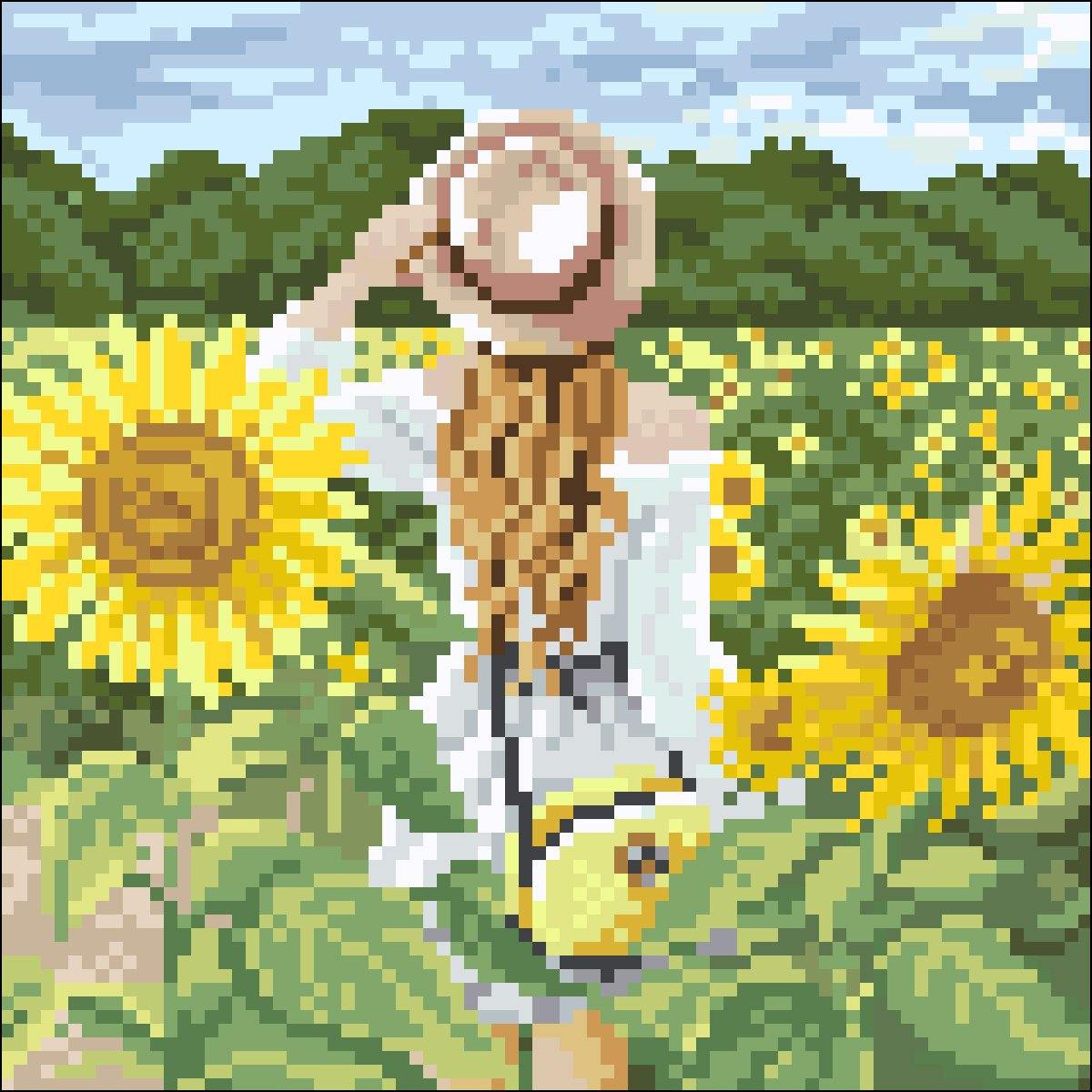 A vibrant diamond painting kit featuring a girl in a sunflower field, including tools and pre-sorted acrylic diamonds.