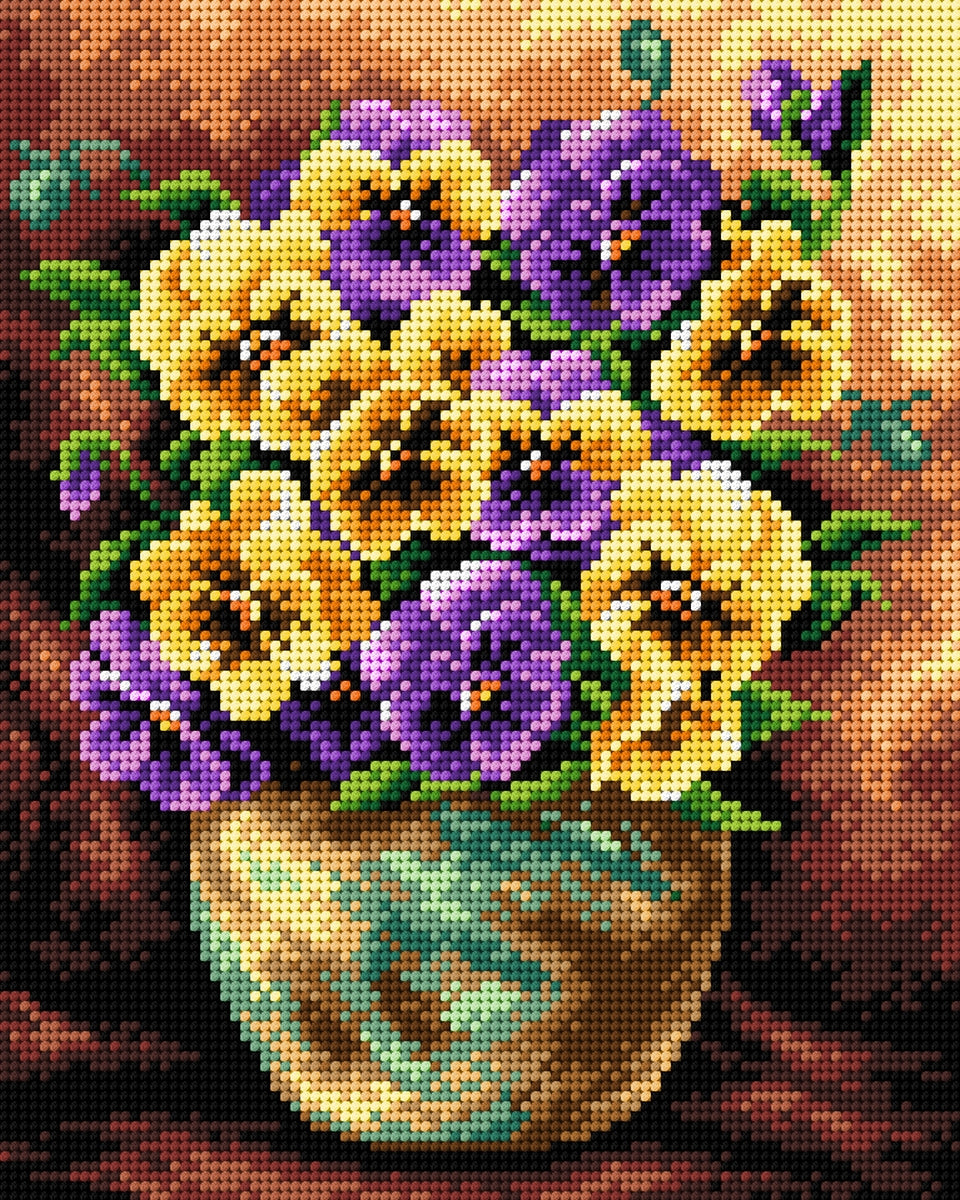 Gobelin canvas featuring a vibrant Bouquet of Pansies design, ideal for halfstitch embroidery projects.