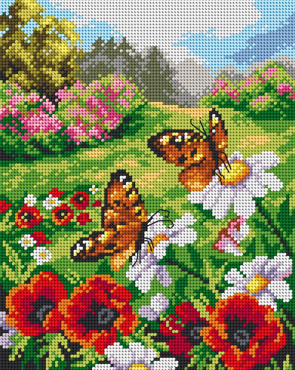Gobelin canvas featuring Butterflies in the Meadow design, perfect for halfstitch needlepoint art, showcasing vibrant colors and intricate details.