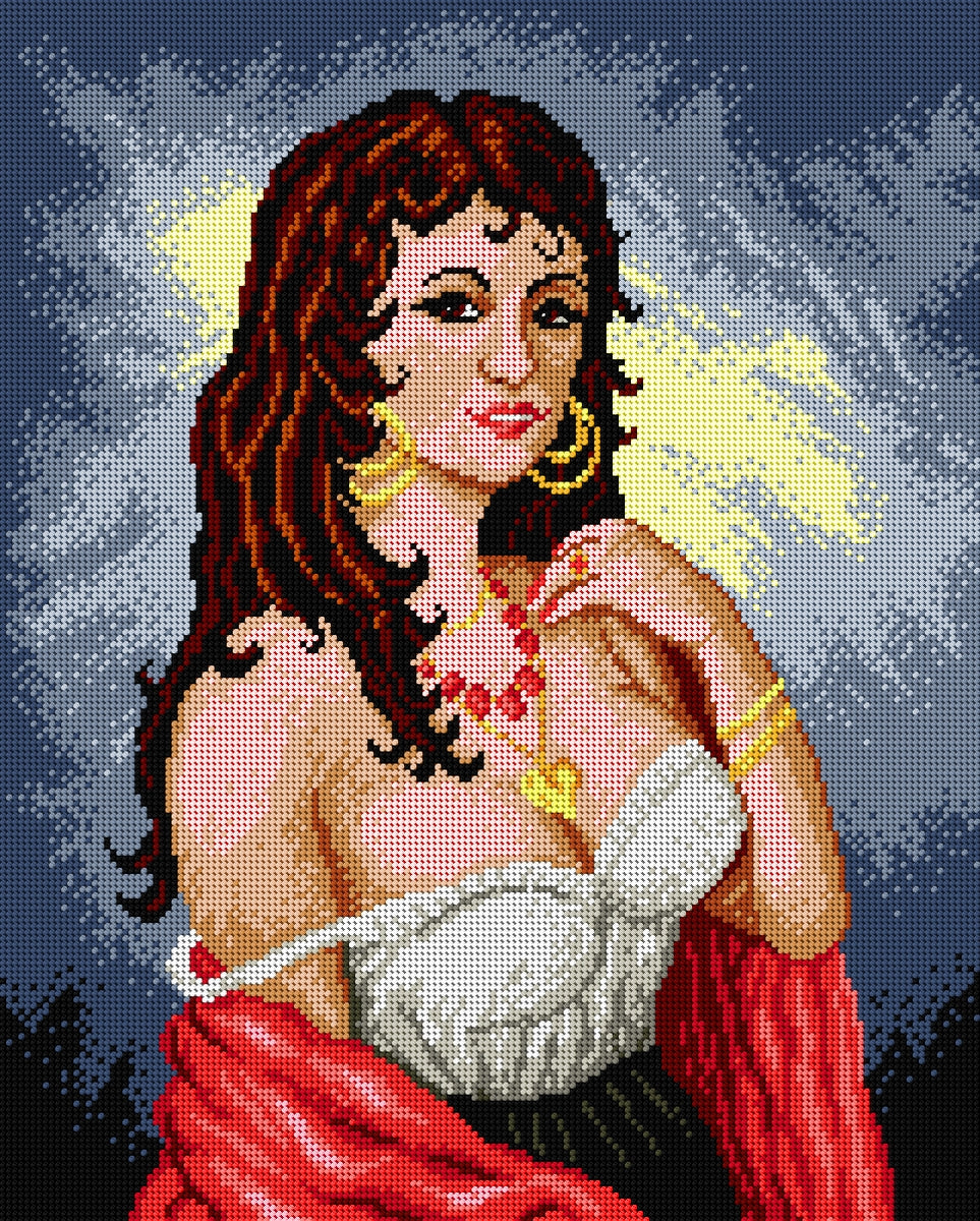 Gobelin canvas for halfstitch featuring Gipsy Woman design, 40x50 cm, made of 100% cotton on Zweigart canvas.