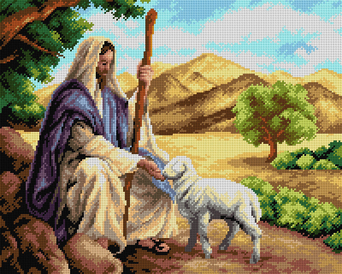 Gobelin canvas featuring a detailed design of Jesus with a Lamb, suitable for halfstitch embroidery, measuring 40x50 cm.