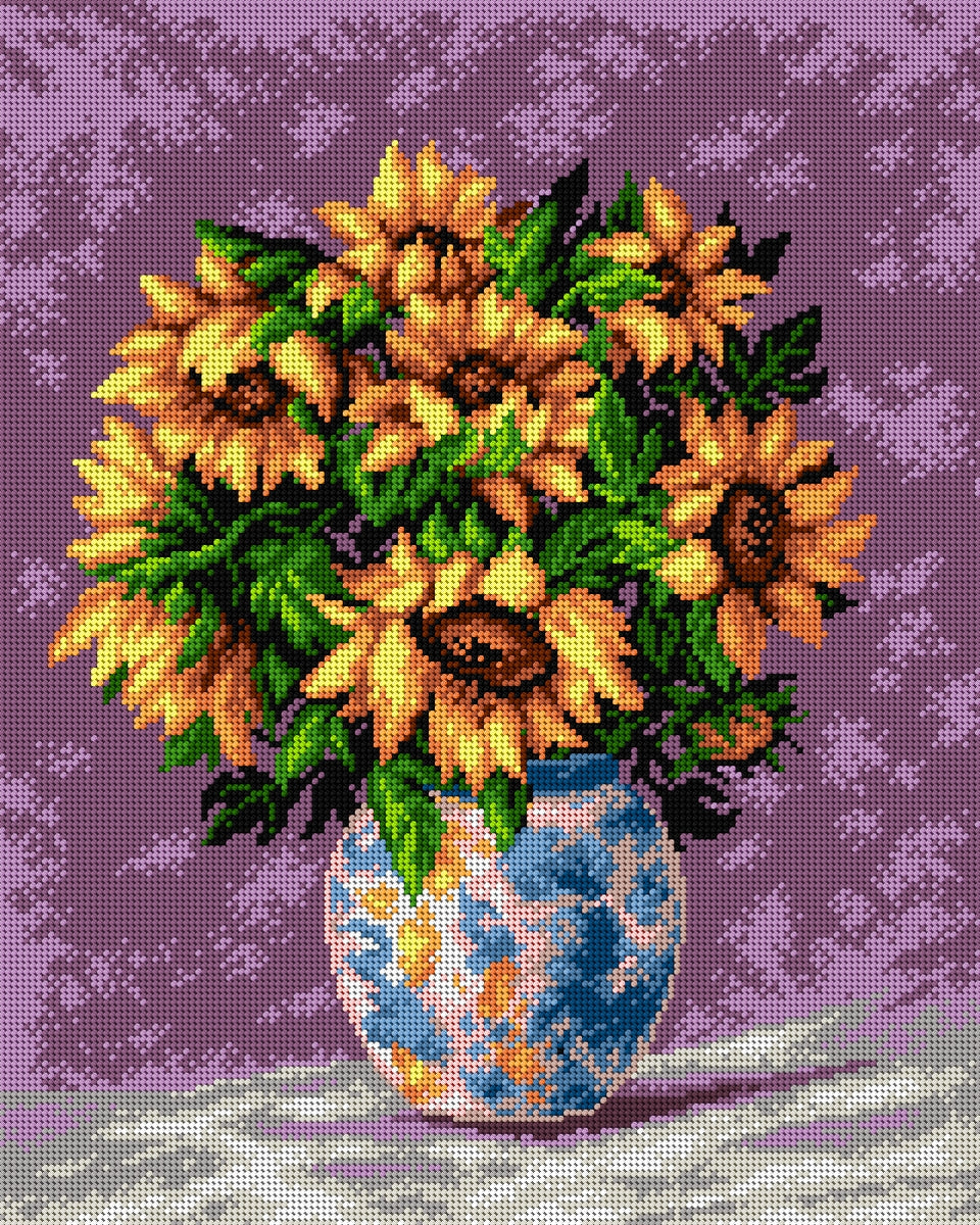 Gobelin canvas featuring a vibrant sunflower design, perfect for halfstitch embroidery projects, measuring 40x50 cm.