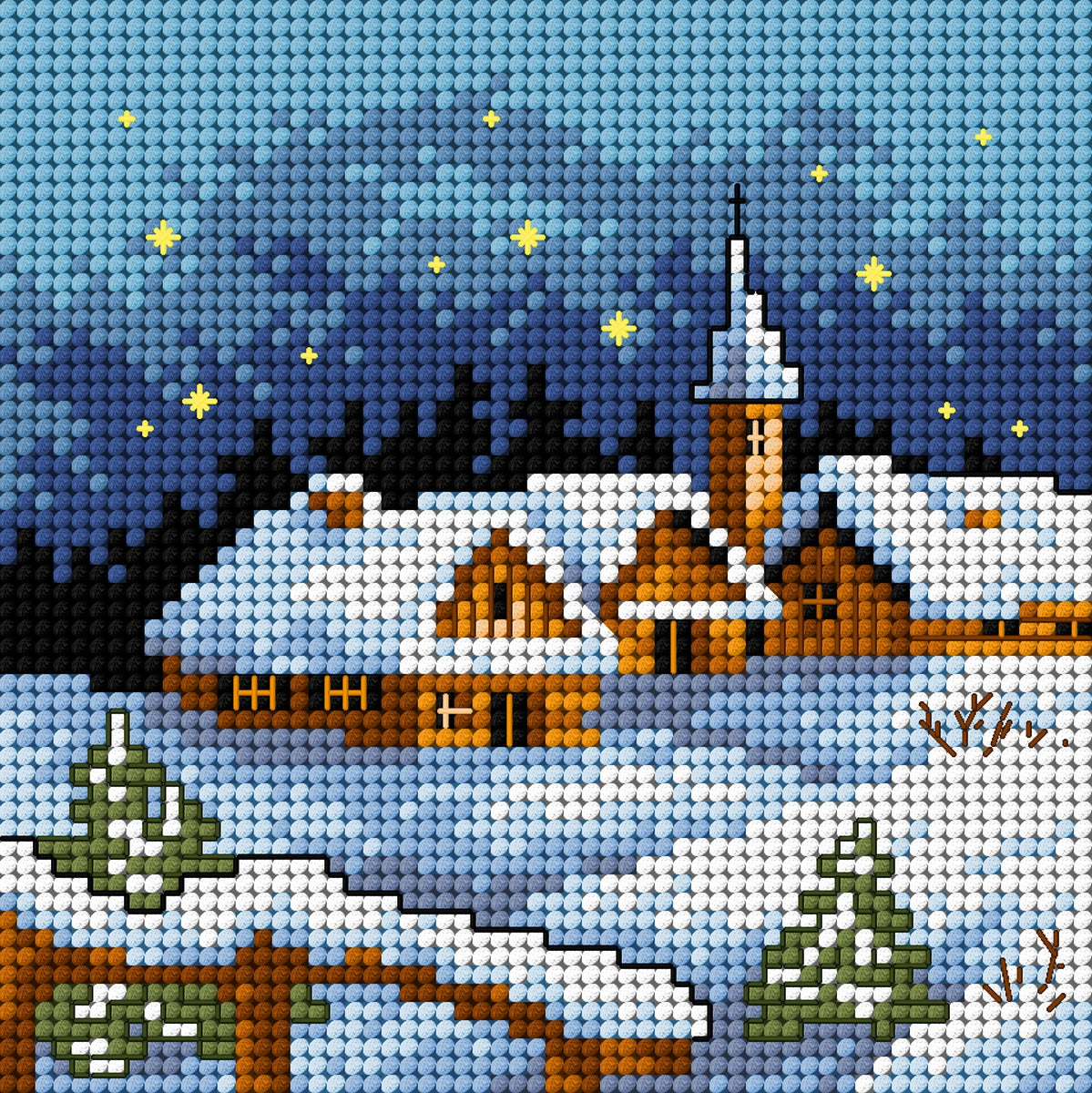 Gobelin canvas featuring a winter landscape at night, designed for halfstitch embroidery, showcasing intricate details and high-quality Zweigart material.