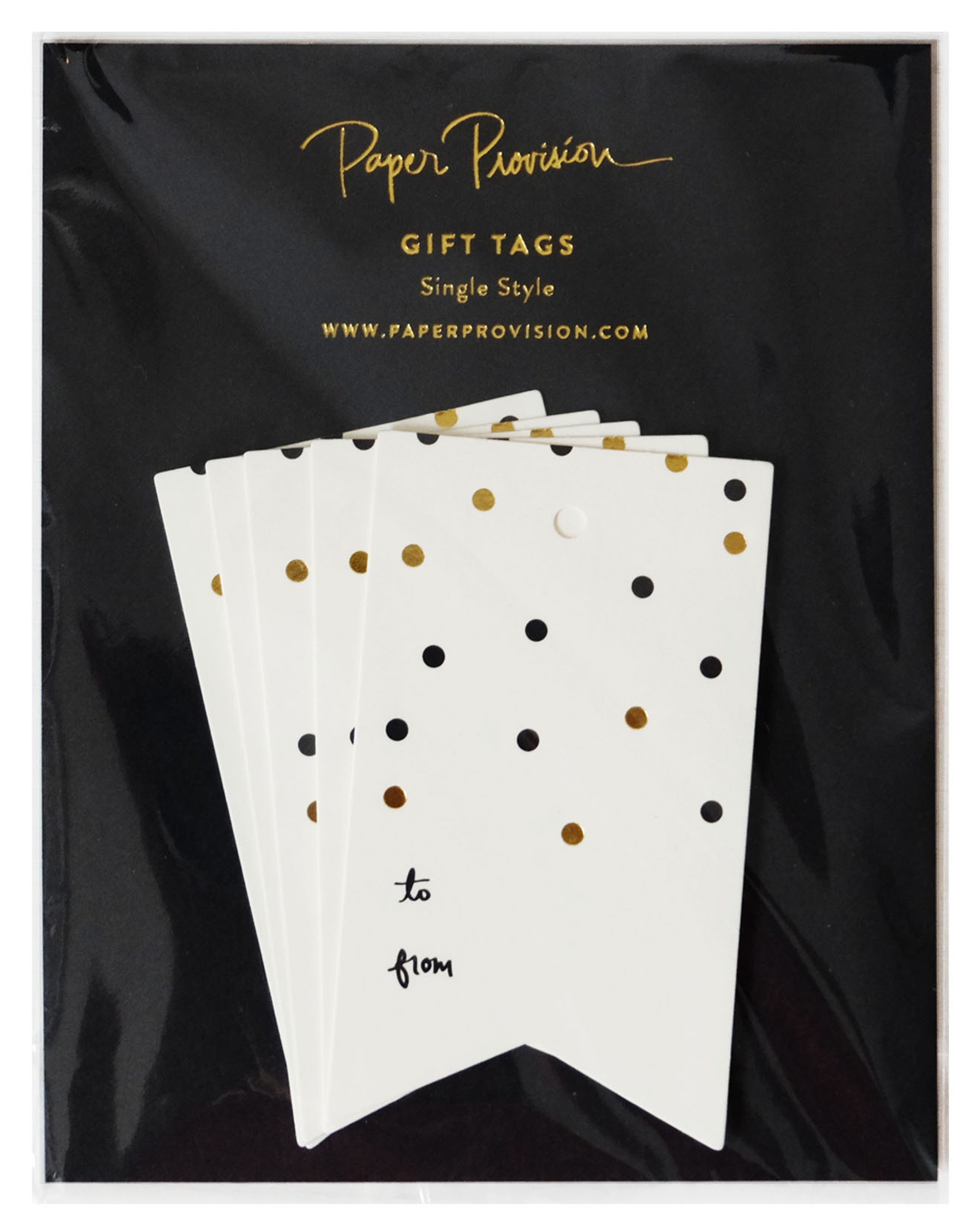 Five elegant gold and black confetti tags in flag shape, showcasing gold foil accents on high-quality colored stock.
