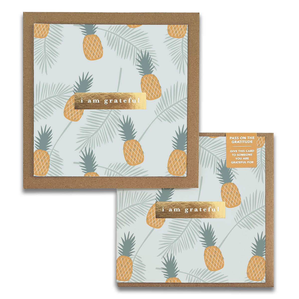 A set of two Golden Gratitude Greeting Cards with gold foil stamping, accompanied by rustic kraft envelopes, elegantly displayed.