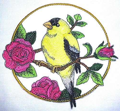 Goldfinch and Rose Circle embroidered patch, featuring vibrant colors and intricate design, measuring 5 inches by 5 inches.