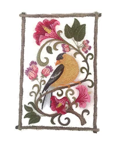 Goldfinch bird embroidered patch featuring vibrant flowers, ideal for iron-on or sewing applications.