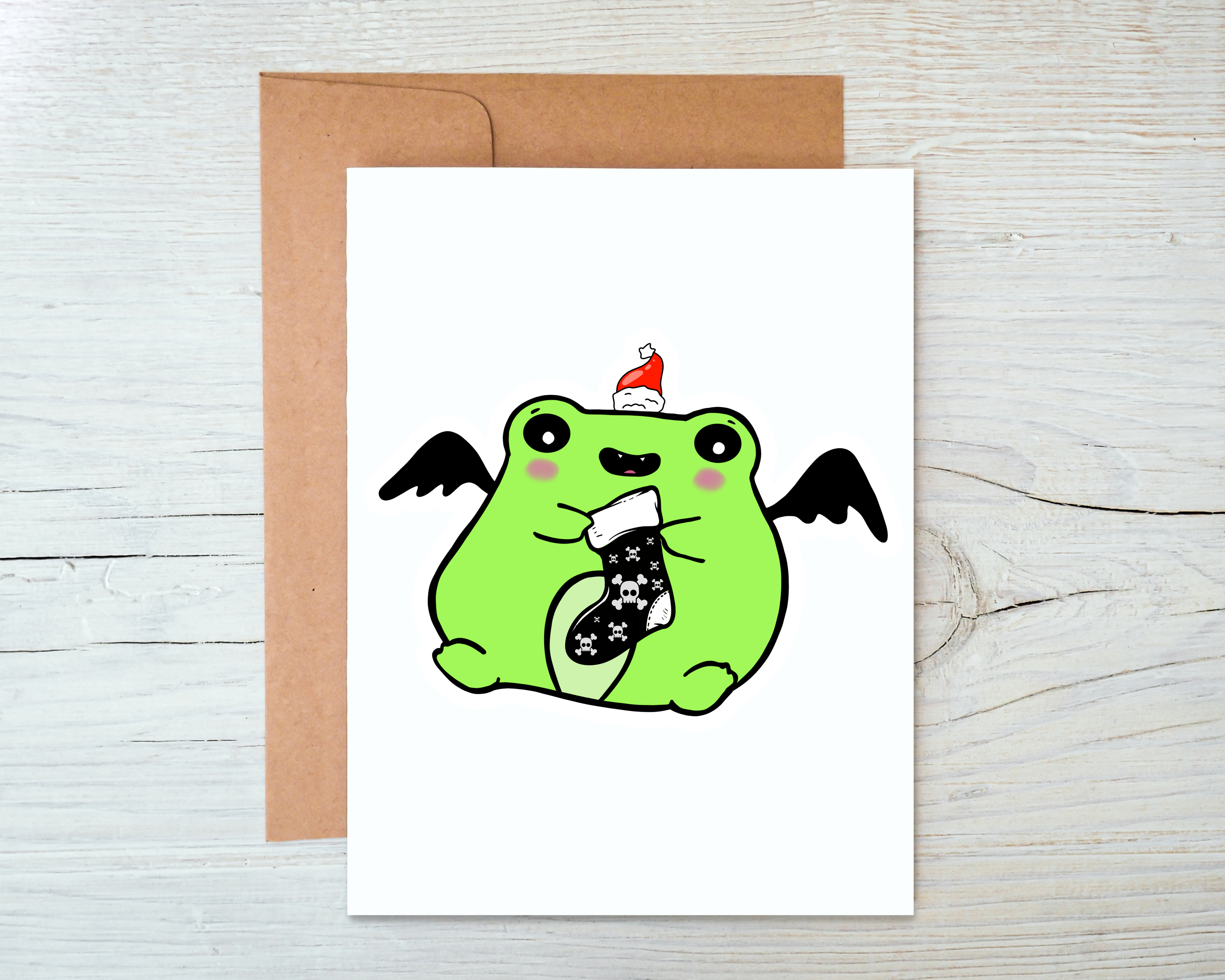 Goth Christmas Frog Card featuring a unique gothic design with a blank interior and kraft envelope, perfect for holiday greetings.