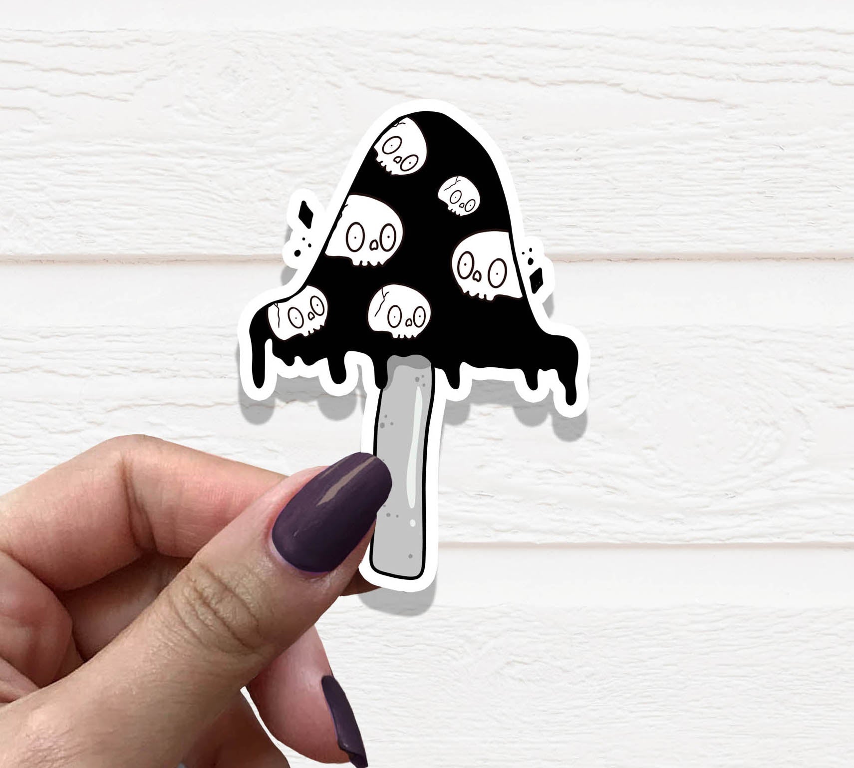 Goth Ink Cap Skull Mushroom Vinyl Sticker featuring a detailed skull and mushroom design on a matte finish.