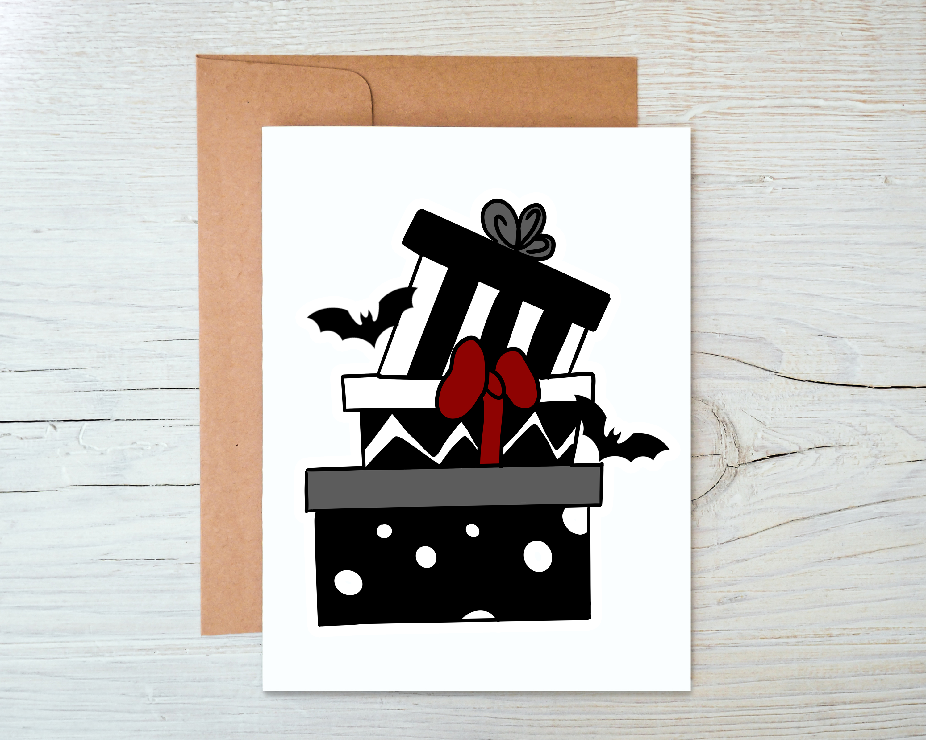 Goth Presents Card featuring a blank interior and Kraft envelope, showcasing a stylish and unique design.