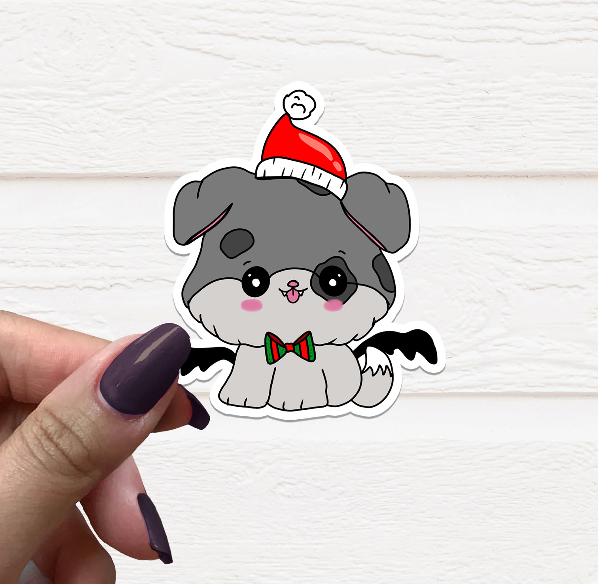 Gothic Christmas Dog Vinyl Sticker featuring a festive dog design on matte vinyl, perfect for holiday decorations.