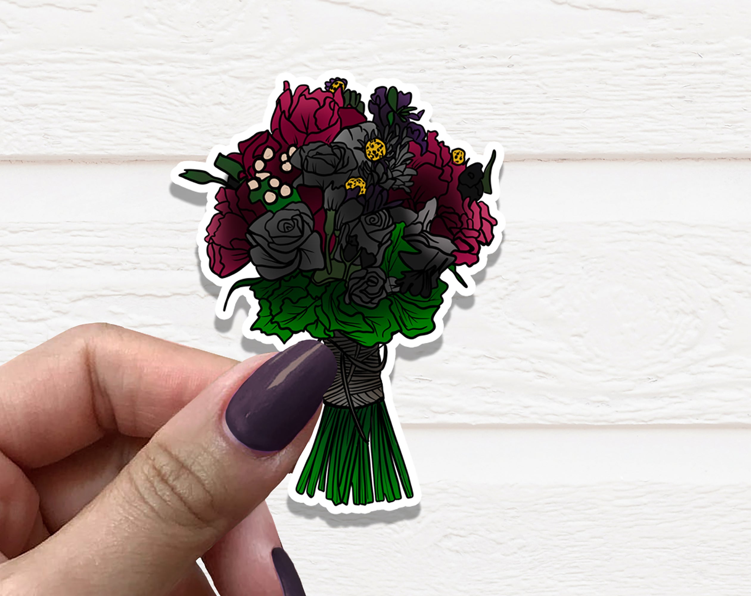 A Gothic Floral Bouquet Vinyl Sticker featuring intricate floral designs in dark hues on a matte background.