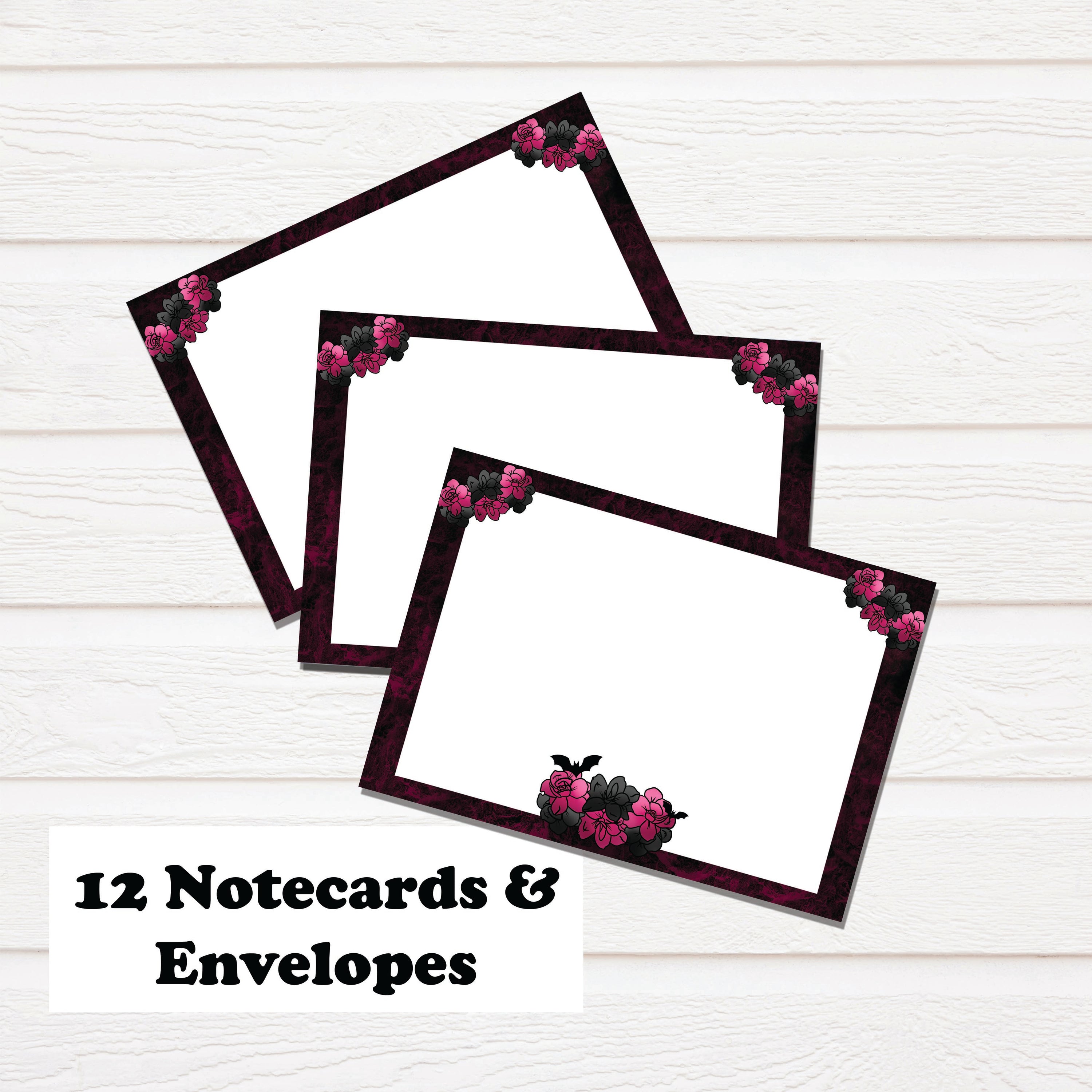 Gothic Notecard Stationary Set featuring 12 hand-drawn notecards and matching white linen envelopes in a clear box.
