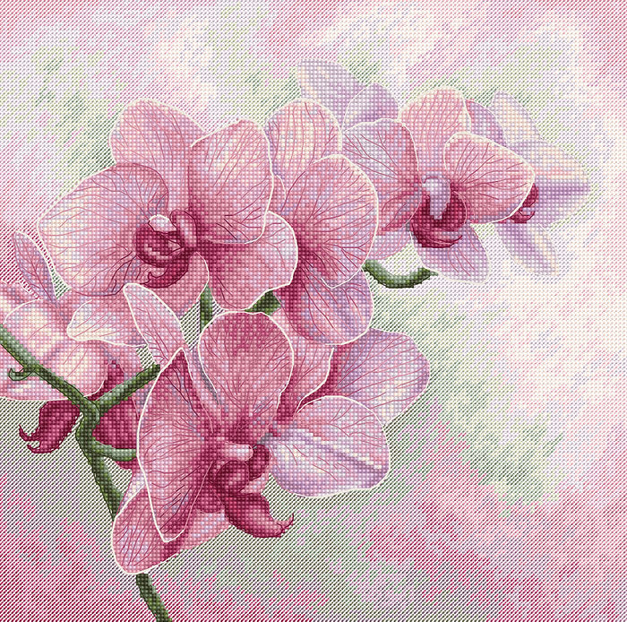 Graceful Orchids B7009L Counted Cross-Stitch Kit featuring vibrant threads, Aida canvas, and a needle for crafting.
