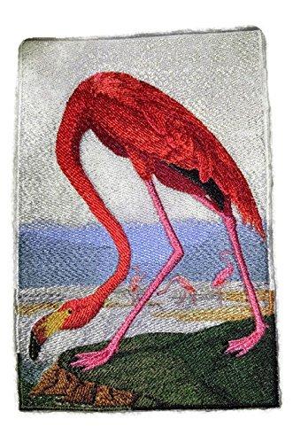 Greater Flamingo embroidered patch featuring vibrant colors and intricate details, measuring 7.5 inches by 5.2 inches, suitable for iron-on or sewing applications.
