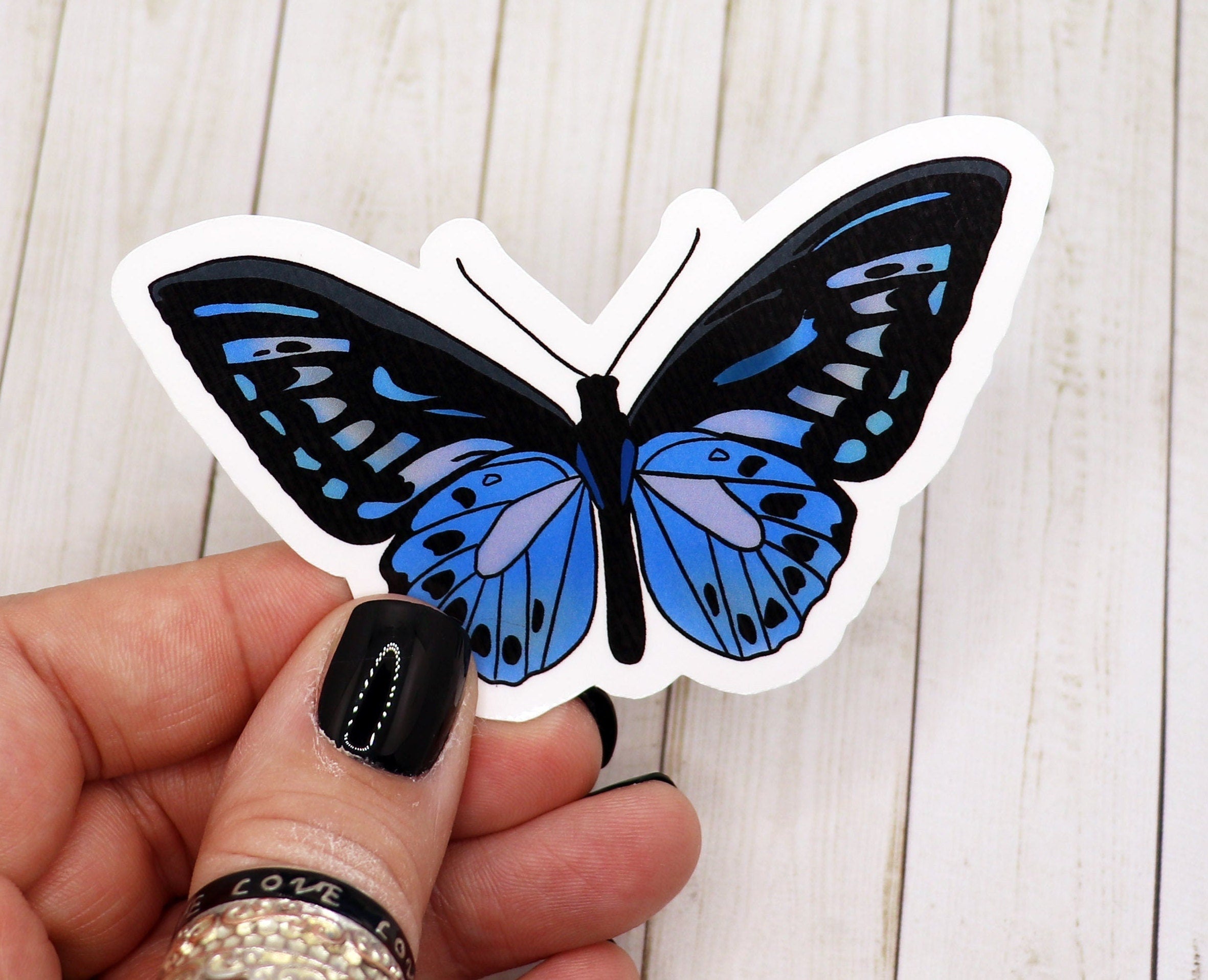 A vibrant grey and blue butterfly sticker on a white background, showcasing intricate wing patterns and a glossy finish.