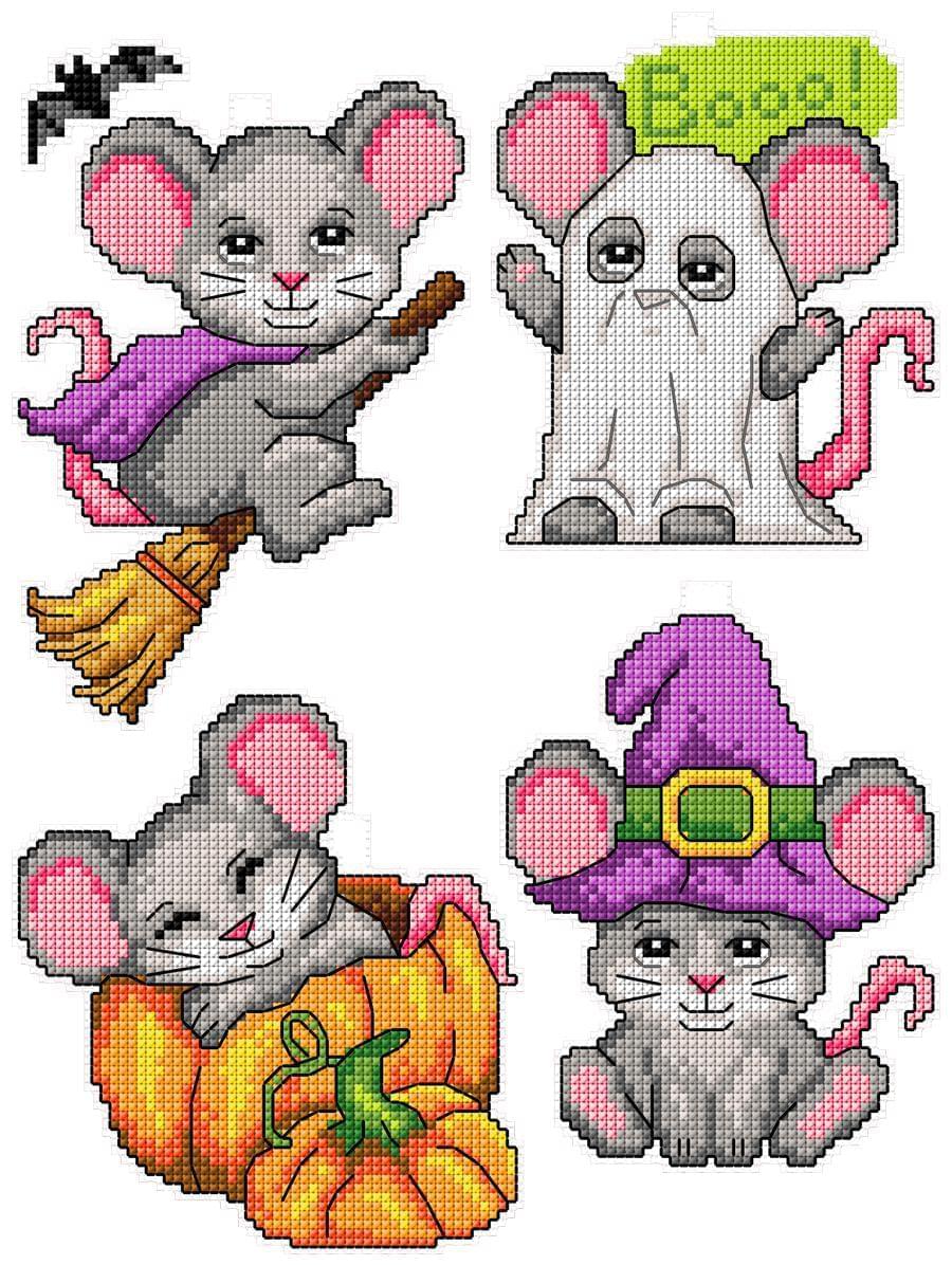 Halloween Mouses Counted Cross-Stitch Kit featuring colorful threads and plastic canvas.