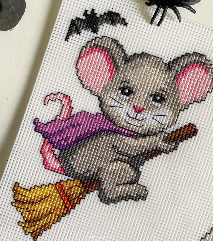 Halloween Mouses Counted Cross-Stitch Kit featuring colorful threads and plastic canvas.