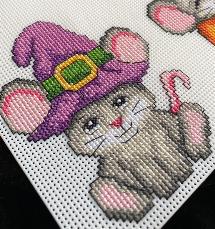 Halloween Mouses Counted Cross-Stitch Kit featuring colorful threads and plastic canvas.