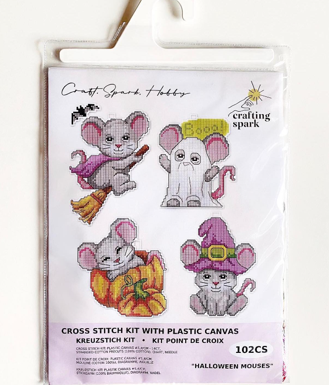 Halloween Mouses Counted Cross-Stitch Kit featuring colorful threads and plastic canvas.