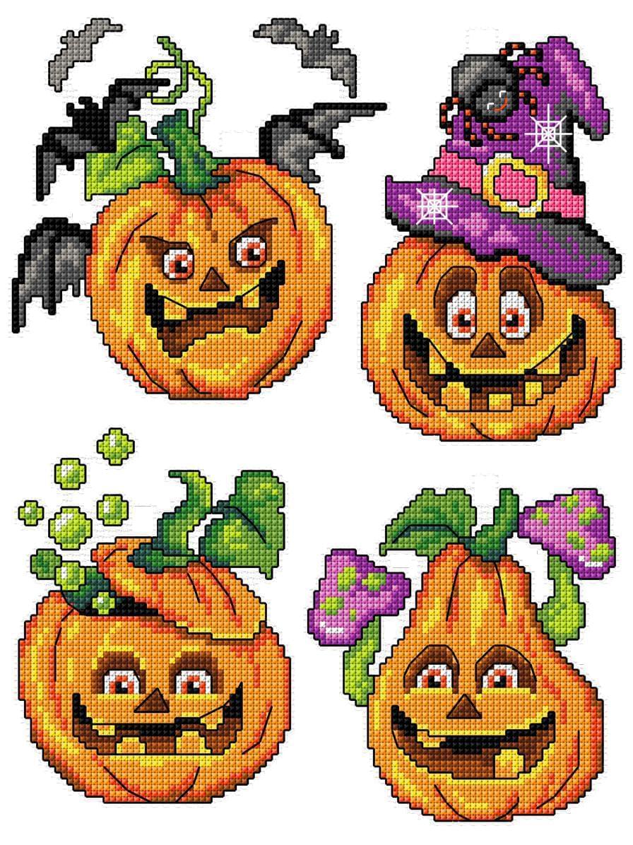 A colorful Halloween Pumpkins counted cross-stitch kit featuring vibrant threads, plastic canvas, and a detailed instruction sheet.