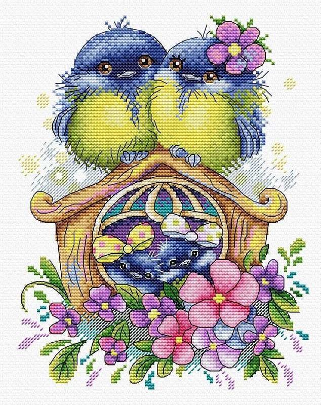 Happy Family SM-397 Counted Cross Stitch Kit featuring 14 count AIDA canvas, 26 colorful cotton threads, and multilingual instructions.