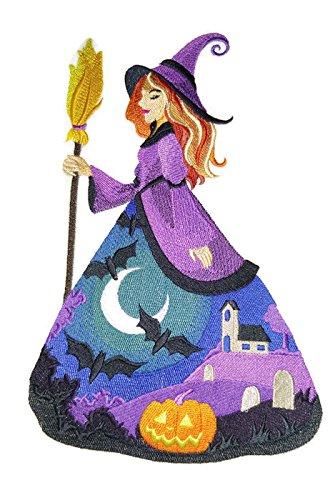 Happy Halloween Bewitching Beauty embroidered patch featuring vibrant colors and intricate design, perfect for iron-on or sewing applications.