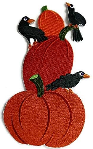 Embroidered patch featuring creepy crows and a pumpkin, perfect for Halloween decoration on garments.