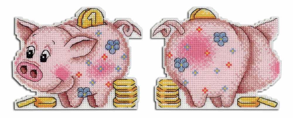 Happy Piggy Bank P-334 Plastic Canvas Counted Cross Stitch Kit with colorful threads and plastic canvas materials.