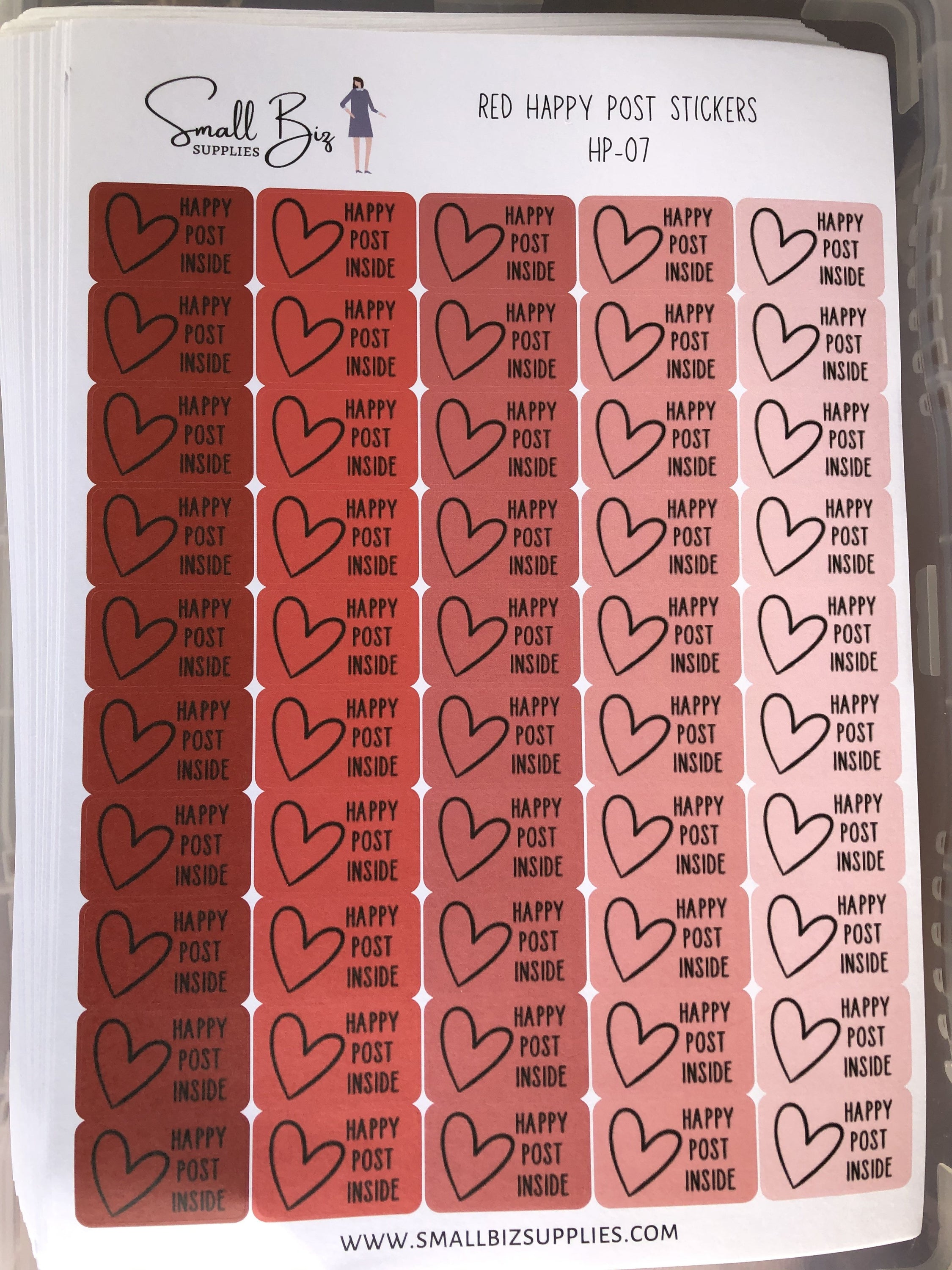 A collection of Happy Post Stickers - Seconds featuring cheerful designs with slightly pixelated text, perfect for crafting and correspondence.