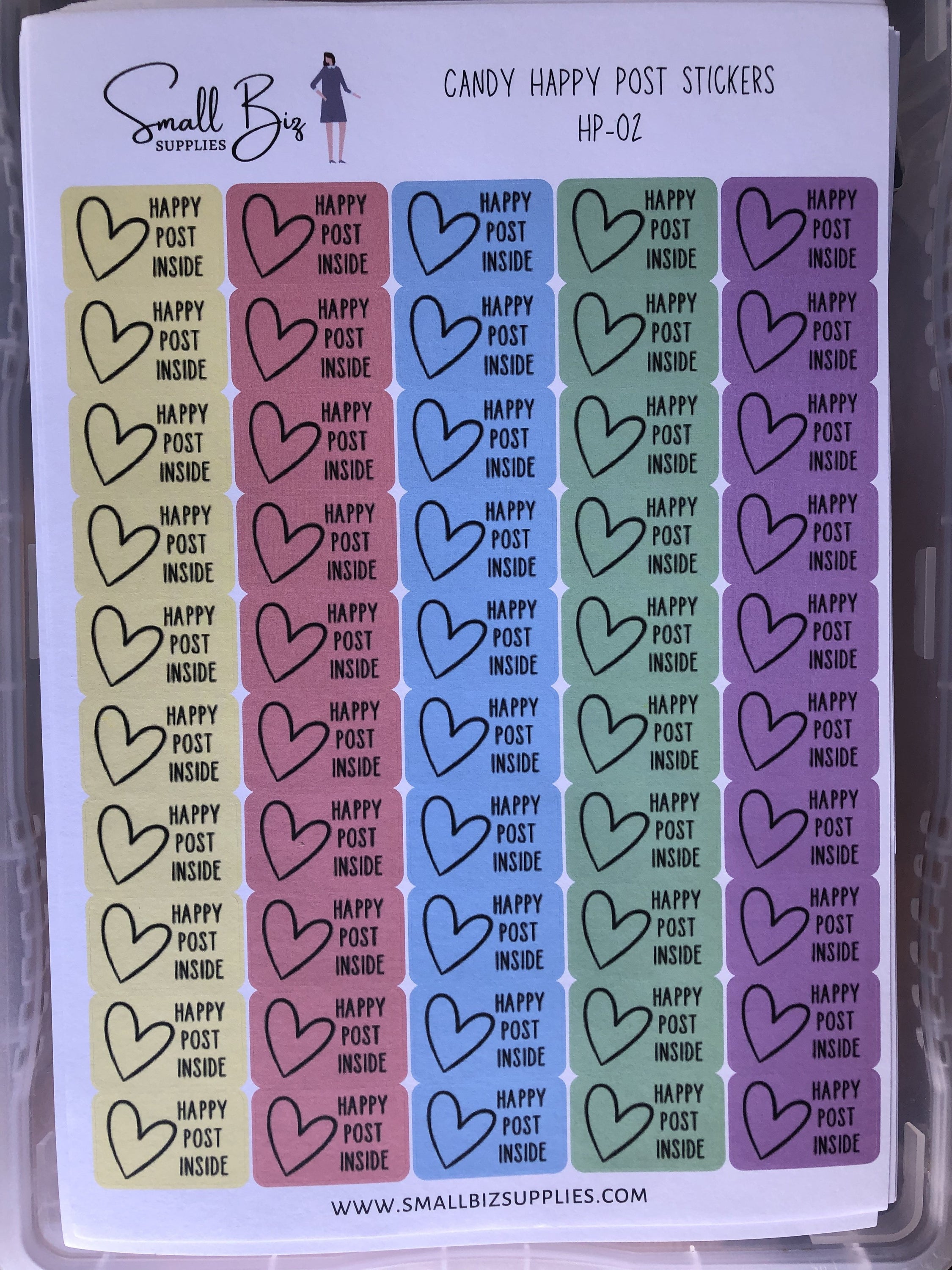 A collection of Happy Post Stickers - Seconds featuring cheerful designs with slightly pixelated text, perfect for crafting and correspondence.