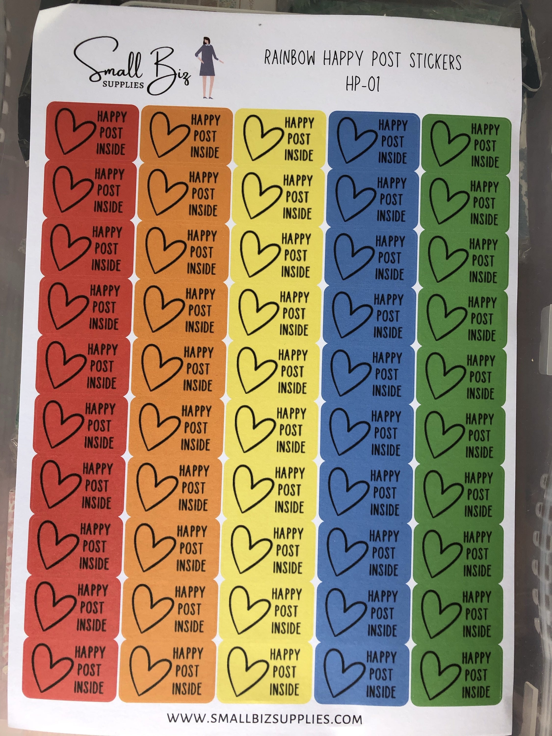 A collection of Happy Post Stickers - Seconds featuring cheerful designs with slightly pixelated text, perfect for crafting and correspondence.