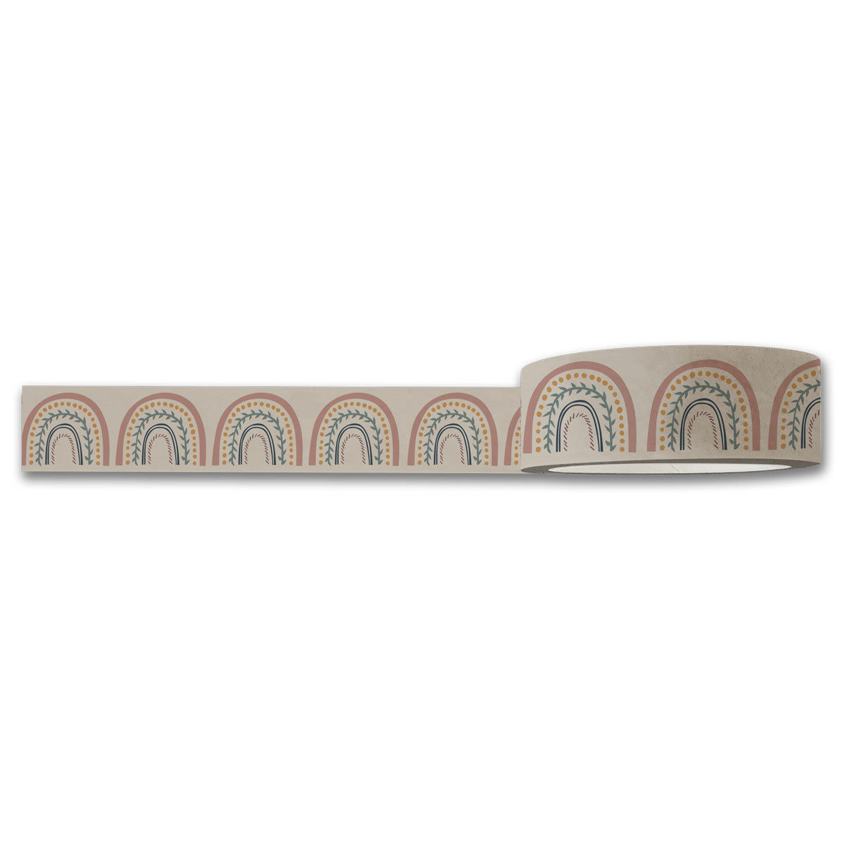 Happy Rainbows Washi Tape featuring vibrant rainbow designs, 15 mm wide and 10 m long, packaged in plastic wrap.