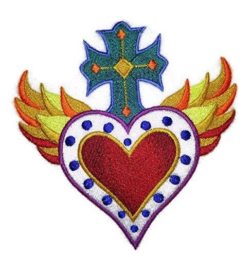 Heart Cross and Flames Milagro embroidered patch showcasing vibrant colors and intricate design, perfect for iron-on or sewing applications.