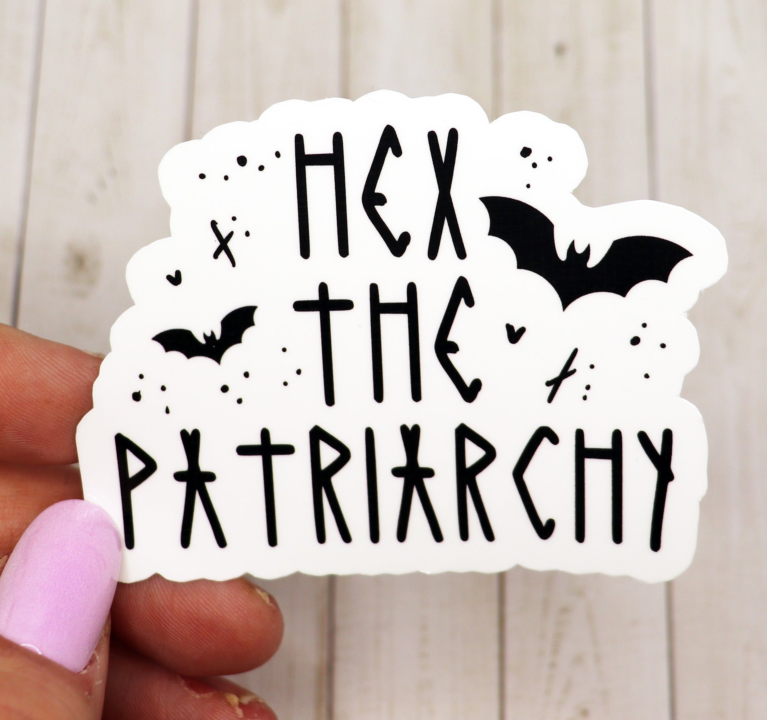 Hex the Patriarchy Vinyl Sticker on a white background, showcasing its bold design and matte finish.